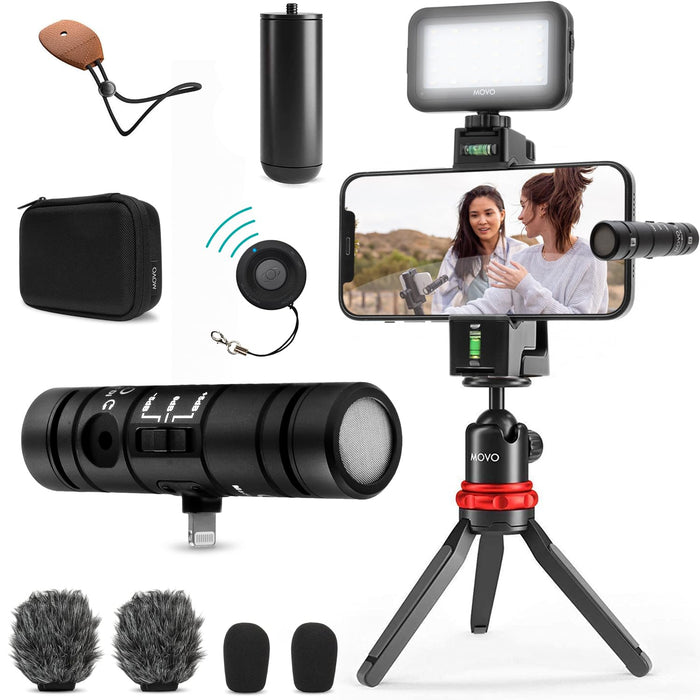 Movo iVlog-Interview iPhone Vlogging Kit with DoubleMic Phone Mount Tabletop Tripod and Light - Ideal Content Creator Kit for iPhone