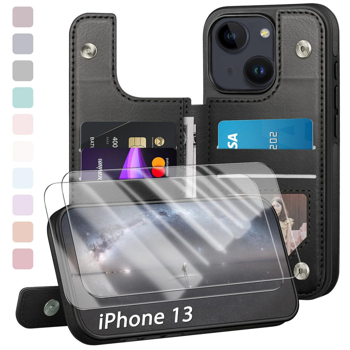 Designed for iPhone 13 Case Wallet Card Holder Case with [2 Screen Protectors][Magnetic Clasp Folio Cover][RFID Blocking Leather] Shockproof Women Men Cases 6.1" for Apple 13 Black