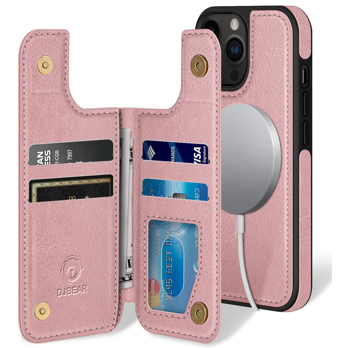 DJBEAR for iPhone 14 Pro 6.1" Phone case[Compatible with magsafe][RFID Blocking Leather][Magnetic 2-in-1 Detachable][Back Flip Folio Wallet Cases] Shockproof Men Women Cover for Apple 14 Pro Rose Gold
