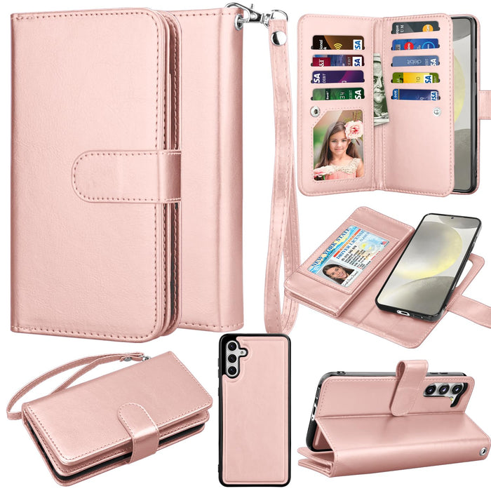Takfox for Samsung Galaxy S24 Wallet Case Galaxy S24 Case Wallet PU Leather Credit Card Holder Phone Case [9 Card Slots] Folio Flip Detachable Magnetic Cover Kickstand & Carrying Strap-Rose Gold