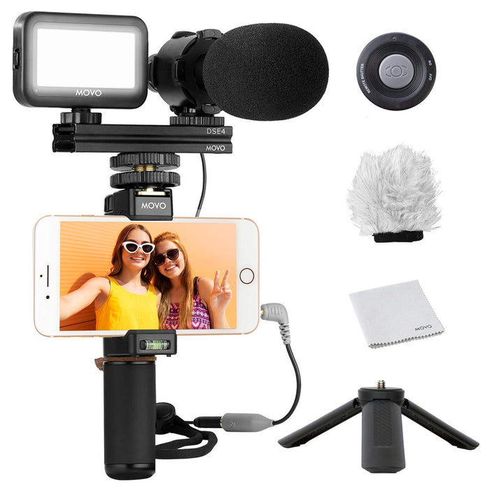 Movo Tripod Vlog Kit V7 - YouTube Starter Kit with Tripod Grip Stereo Microphone Light and Wireless Remote Vlogging Kit for iPhone - YouTube Equipment for iPhone/Android - iPhone Vlogging Kit
