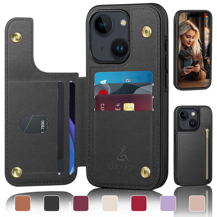 DJDUCK for iPhone 15 Plus 6.7" Wallet Phone Case with Card Holder[RFID Blocking Leather Protection][Back Flip Magnetic Clasp Zipper Cases] Shockproof Women Men Cover for Apple 15 Plus Black