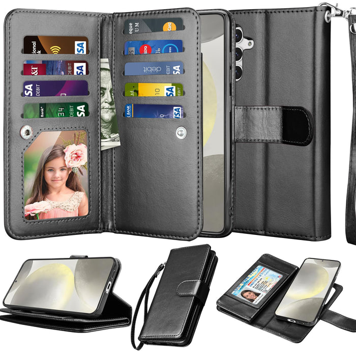 Njjex Galaxy S24 Case for Samsung Galaxy S24 Wallet Case [9 Card Slots] PU Leather ID Credit Holder Folio Flip [Detachable] Kickstand Magnetic Phone Cover & Lanyard for Samsung S24 [Black]