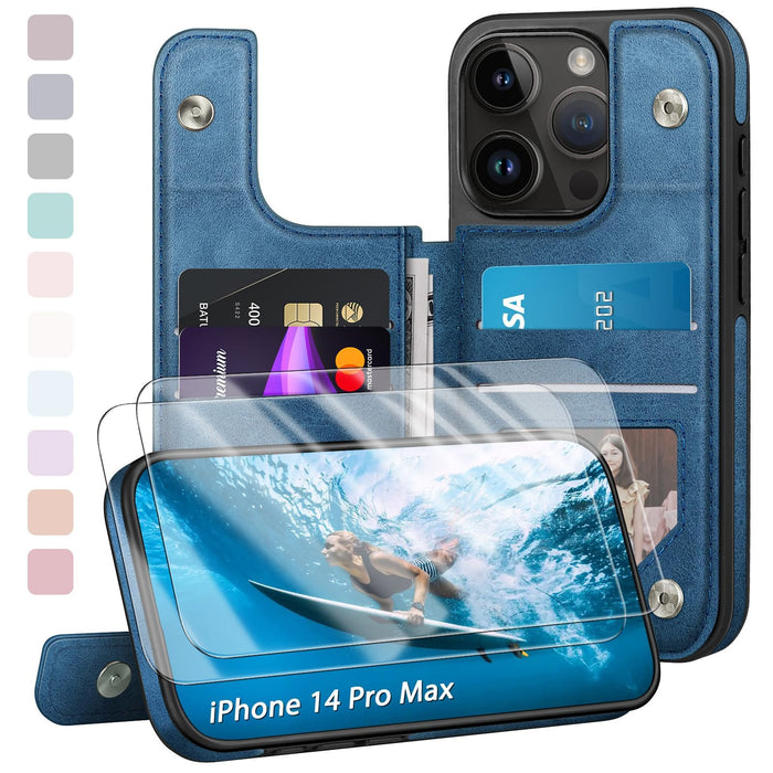Designed for iPhone 14 Pro Max Case Wallet Card Holder Case with[2 Screen Protectors][Magnetic Clasp Folio Cover][RFID Blocking Leather]Shockproof Women Men Cases 6.7"forApple 14 Pro Max Bright Blue