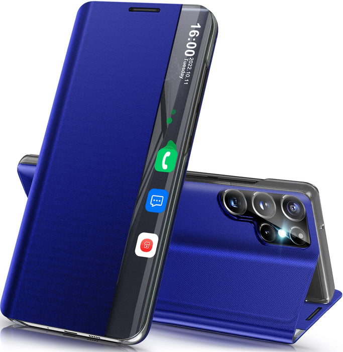 Phone Case for Samsung S24 Ultra Case Clear View S24 Ultra 5G Phone Case with Kickstand Hard PC Flip Shockproof Galaxy S24 Ultra Protective Cover for Samsung Galaxy S24 Ultra Case (Blue)