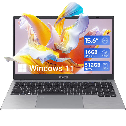 FURESTUR Laptop 15.6 inch Laptop Computer 16GB LPDDR5 RAM 512GB NVMe SSD Quad-Core N100 Processor Win-11 Pro Laptops FHD IPS Display Long Lasting Battery WiFi 6 BT 5.0 USB-C Webcam - Gadgetmanic.com