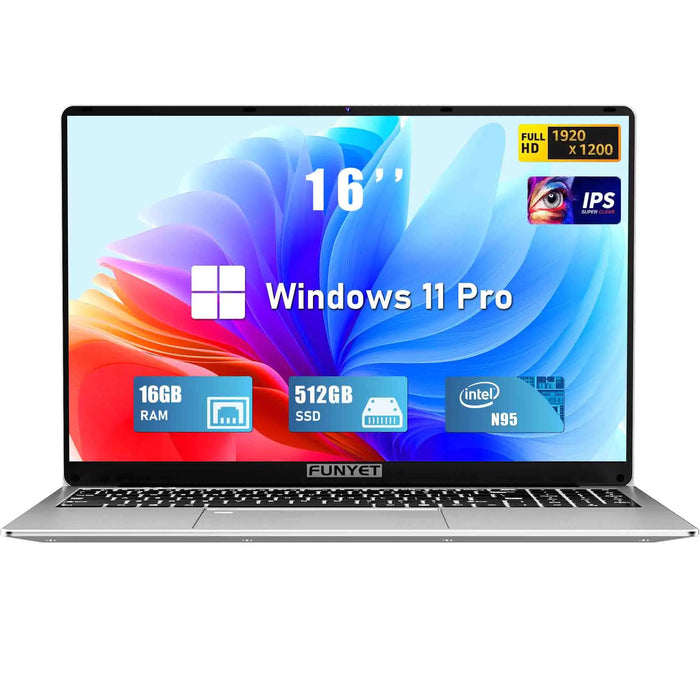 FUNYET 16 Inch Laptop Computer Gaming Laptop 16GB RAM 512GB SSD Intel 12th Gen N95 Processor(up to 3.4GHz) FHD 1920 * 1200 180 Angle Opening Fingerprint Unlock Backlit Keyboard Windows 11 Pro - Gadgetmanic.com