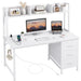 White Computer Desk with Hutch & Drawers - Office Desk with 3 Storage Drawers and Power Outlets 47 Inch Modern Study Writing Desk for Bedroom Home Office - Gadgetmanic.com