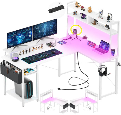 Aheaplus Small L Shaped Desk with Charging Port & LED Strip Reversible L-Shaped Gaming Desk Computer Desk with Monitor Stand & Storage Shelf Corner Desks Home Office Desk with Storage Bag White - Gadgetmanic.com