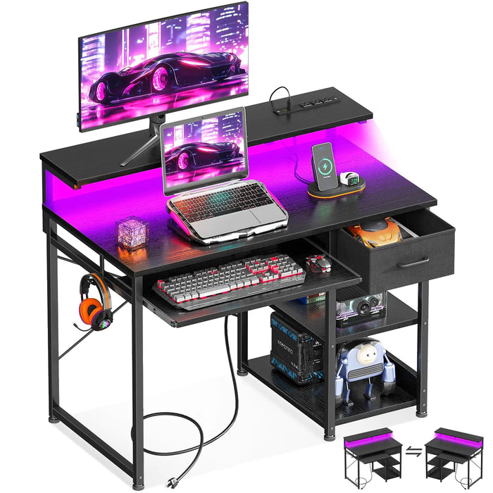 AODK Gaming Desk with LED Lights & Power Outlet 40 Inch Small Computer Desk with Keyboard Tray Office Desk with Drawer Reversible Desk with Adjustable Monitor Shelf and Storage Shelf Black - Gadgetmanic.com