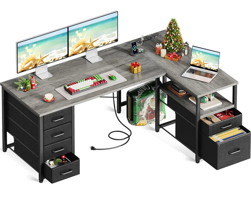 Coleshome L Shaped Computer Desk with 6 Drawers & Power Outlet 55 Inch Corner Desk with Reversible Storage Shelf & File Drawer Home Office Desk Grey Oak - Gadgetmanic.com