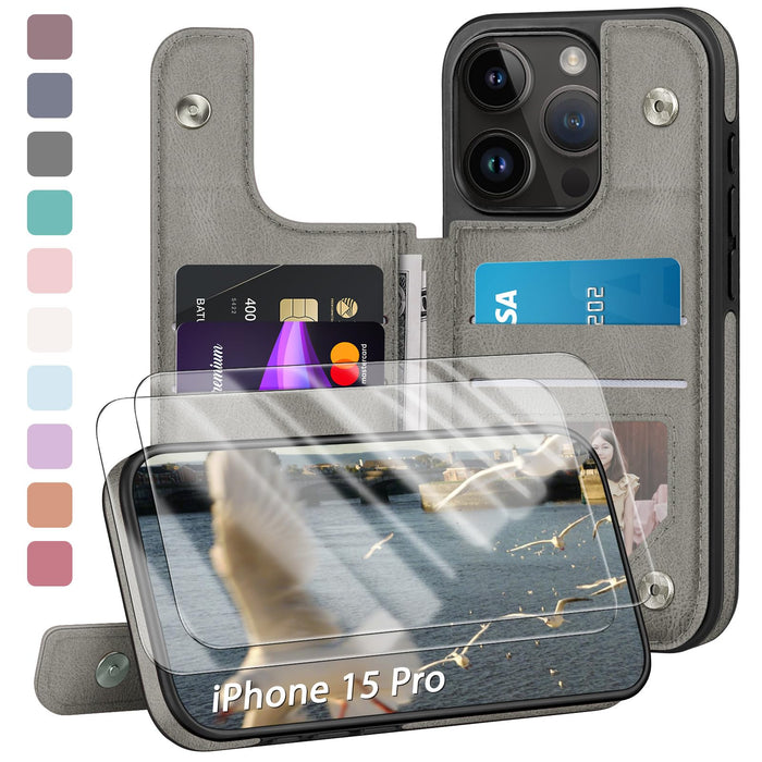 Designed for iPhone 15 Pro Case Wallet Card Holder Case with [2 Screen Protectors][Magnetic Clasp Folio Cover][RFID Blocking Leather] Shockproof Women Men Cases 6.1" for Apple 15 Pro Grey
