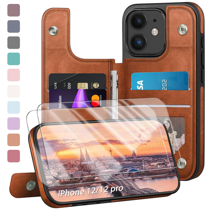 Designed for iPhone 12/12 Pro Case Wallet, Card Holder Case with [2 Screen Protectors][Magnetic Clasp Folio Cover][RFID Blocking Leather] Shockproof Women Men Cases 6.1" for Apple 12 Light Brown