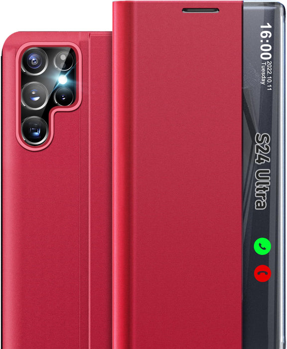 Phone Case for Samsung S24 Ultra Case Clear View S24 Ultra Case with Kickstand Leather Hard PC Flip Shockproof Protective Cover for Samsung Galaxy S24 Ultra 5G Case (Red)