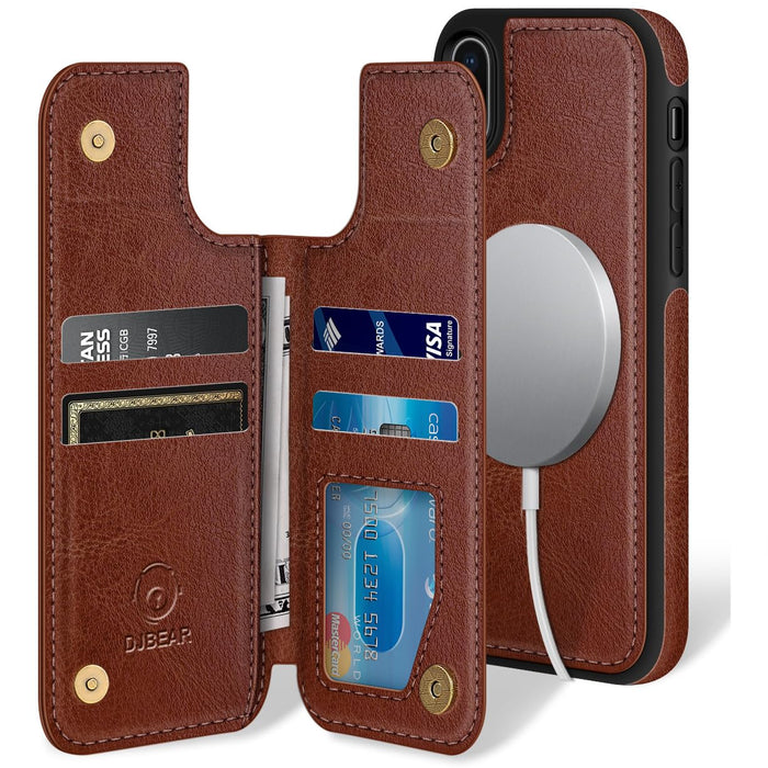 DJBEAR for iPhone X/XS 5.8" Phone case[Compatible with magsafe][RFID Blocking Leather][Magnetic 2-in-1 Detachable][Back Flip Folio Wallet Cases] Shockproof Men Women Cover for Apple X/XS Brown
