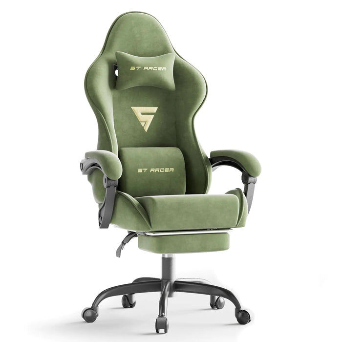 Ferghana Velvet Fabric Ergonomic Gaming Chair with Footrest and Massage High Back Reclining Computer Gamer Chair for Adult Racing Style PC Video Game Chair Suitable for Home Office (Green) - Gadgetmanic.com