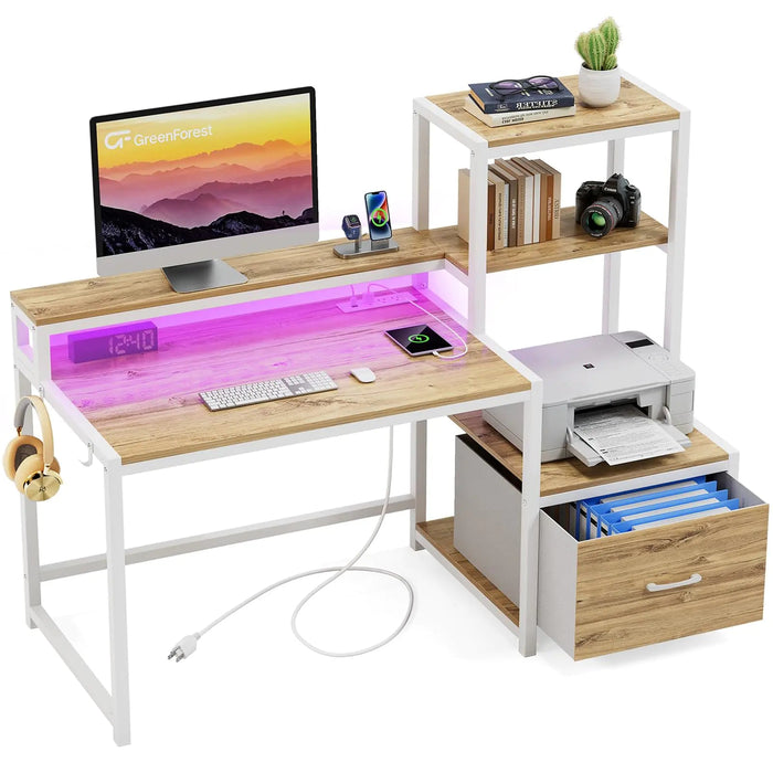 GreenForest Computer Desk with Drawers and Monitor Stand Home Office Desk with Storage Shelves Small Gaming Desk with Power Outlets and LED Lights for Study Writing Working 51 inch Oak - Gadgetmanic.com