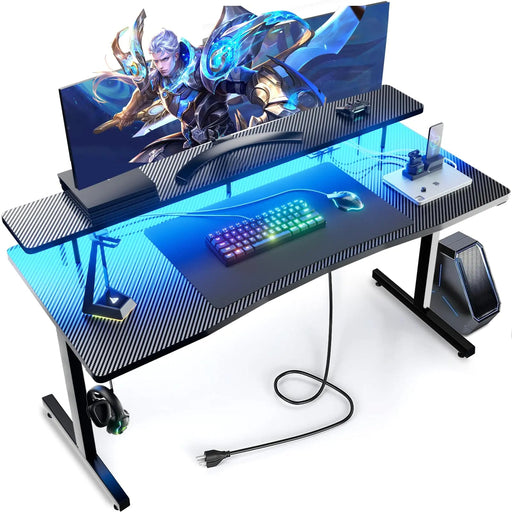 GTRACING 55 Inch Gaming Desk Computer Gamer Desk with Monitor Stand Ergonomic Carbon Fiber Surface Gaming Table with Power Outlet and Mouse Pad for Home Office RGB - Gadgetmanic.com