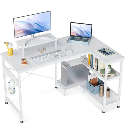ODK 47 Inch Small L Shaped Computer Desk with Reversible Storage Shelves L-Shaped Corner Desk with Monitor Stand for Small Space Modern Simple Writing Table for Home Office Workstation White - Gadgetmanic.com