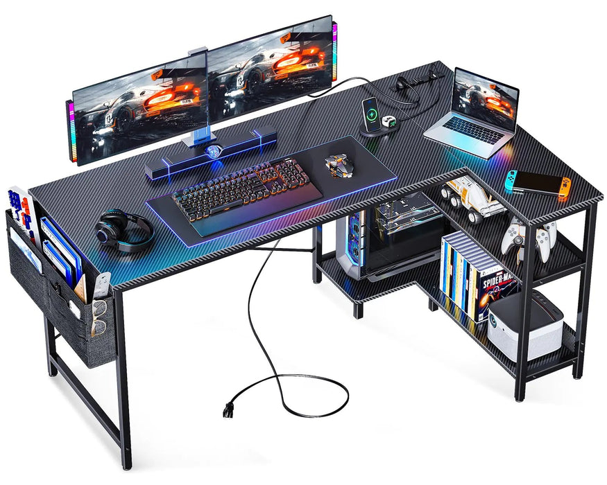 ODK 55 Inch L Shaped Gaming Computer Desk with Power Outlets Corner Desk with Reversible Storage Shelves & PC Stand for Small Space Modern Simple Home Office Table Carbon Fiber Surface Black - Gadgetmanic.com