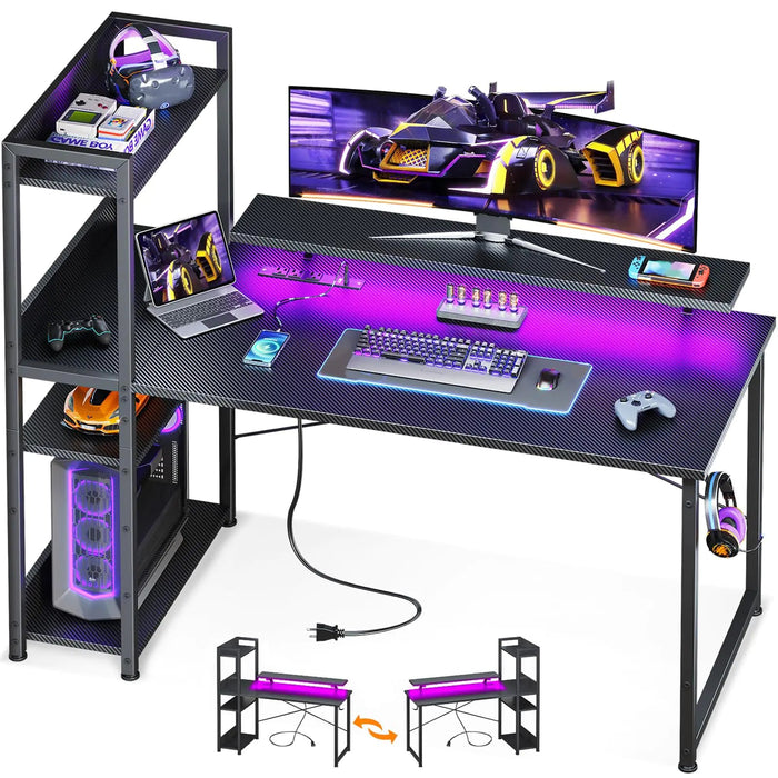 ODK Reversible Gaming Desk with Power Outlets and LED Lights 48 Inch Computer Desk with Storage Shelves and Monitor Stand Modern Writing Study Desk for Home Office Carbon Fiber Black - Gadgetmanic.com
