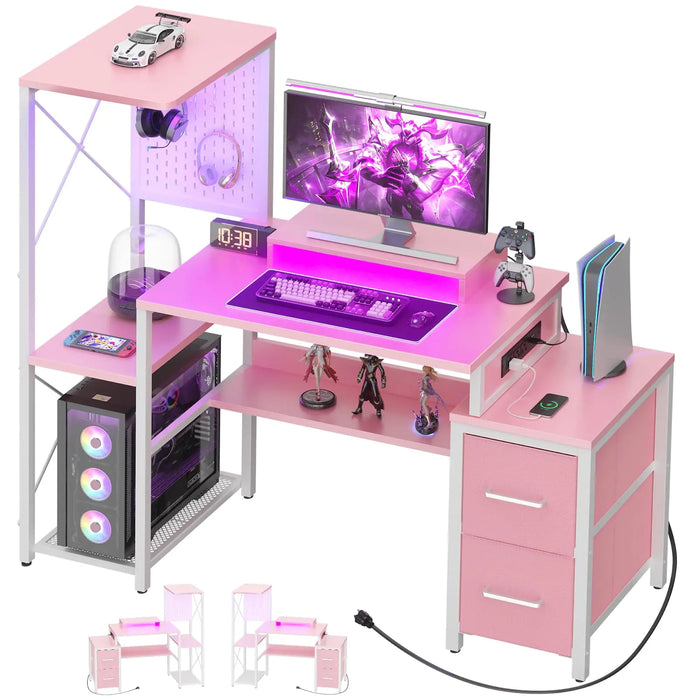 Small Gaming Desk with 2 Fabric Drawers - Reversible Computer Desk with Power Outlet & LED Lights 49" Office Desk with Monitor Stand & Storage Shelves Writing Study Table with Pegboard Pink - Gadgetmanic.com