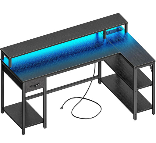 SUPERJARE 53 inch Reversible L Shaped Desk with LED Lights & Power Outlets Computer Desk with Shelves & Monitor Stand Gaming Desk with Drawer Home Office Desk Corner Desk Black - Gadgetmanic.com