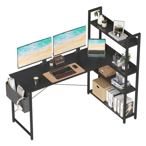 Treesland 55 Inch Computer Desk with Storage Shelves L Shaped Desk with Storage Corner Desk with Storage Home Office Desks Bookshelf Desk Writing Study Desk for Bedroom Black - Gadgetmanic.com